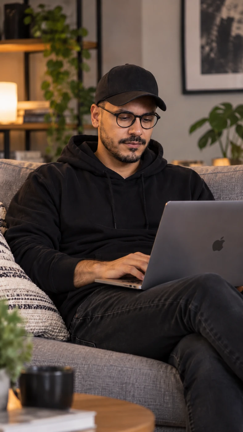 Imagen realista creada con IA: hombre trabajando con una laptop en un sillón