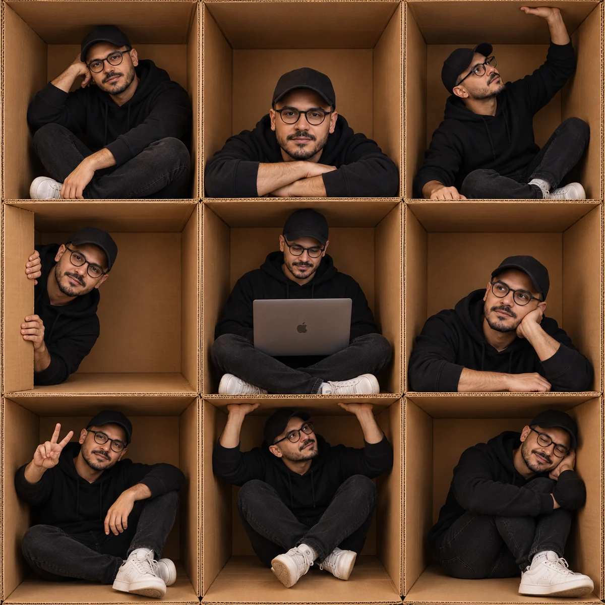 Imagen realista creada con IA: persona en nueve poses distintas dentro de cajas de cartón