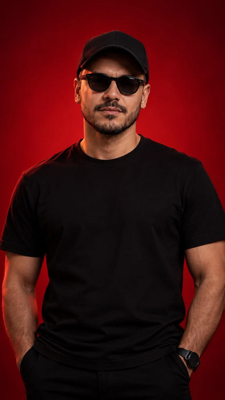 Imagen realista creada con IA: retrato con gorra y lentes de sol sobre fondo rojo