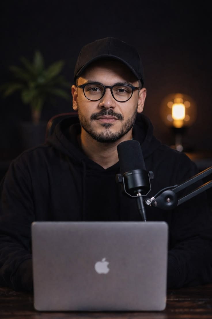Imagen realista creada con IA: persona frente a un micrófono y una laptop
