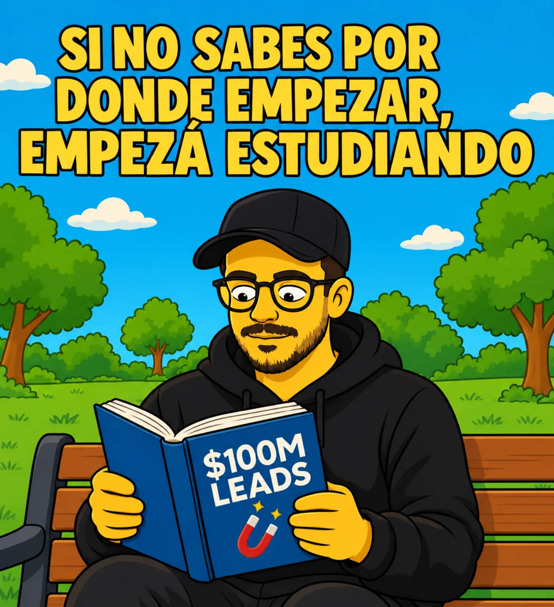 Personaje en estilo caricatura leyendo un libro en un banco de parque. Texto: Si no sabes por dónde empezar, empezá estudiando