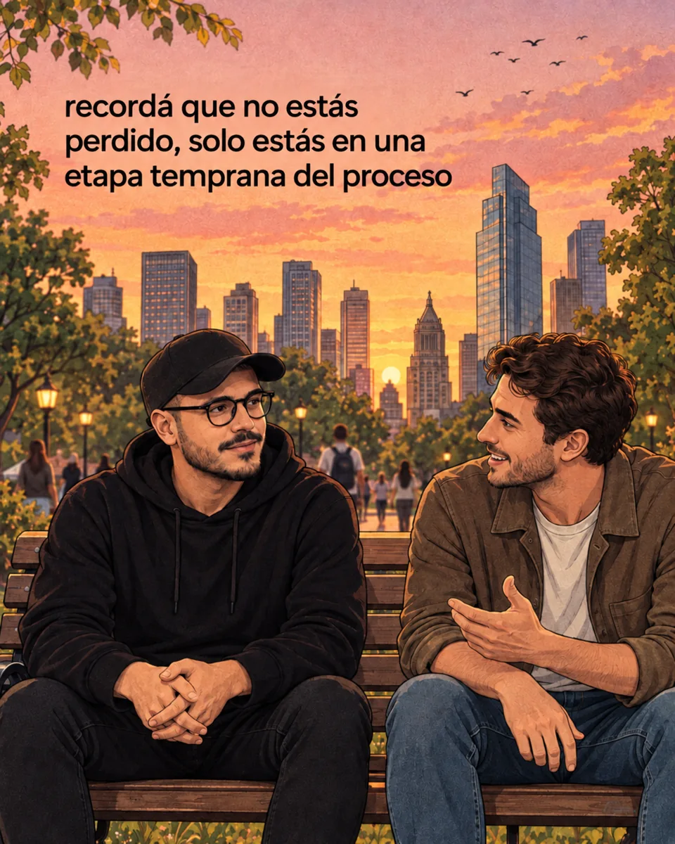 Dos personas conversando en un banco de parque al atardecer. Texto: recordá que no estás perdido, solo estás en una etapa temprana del proceso