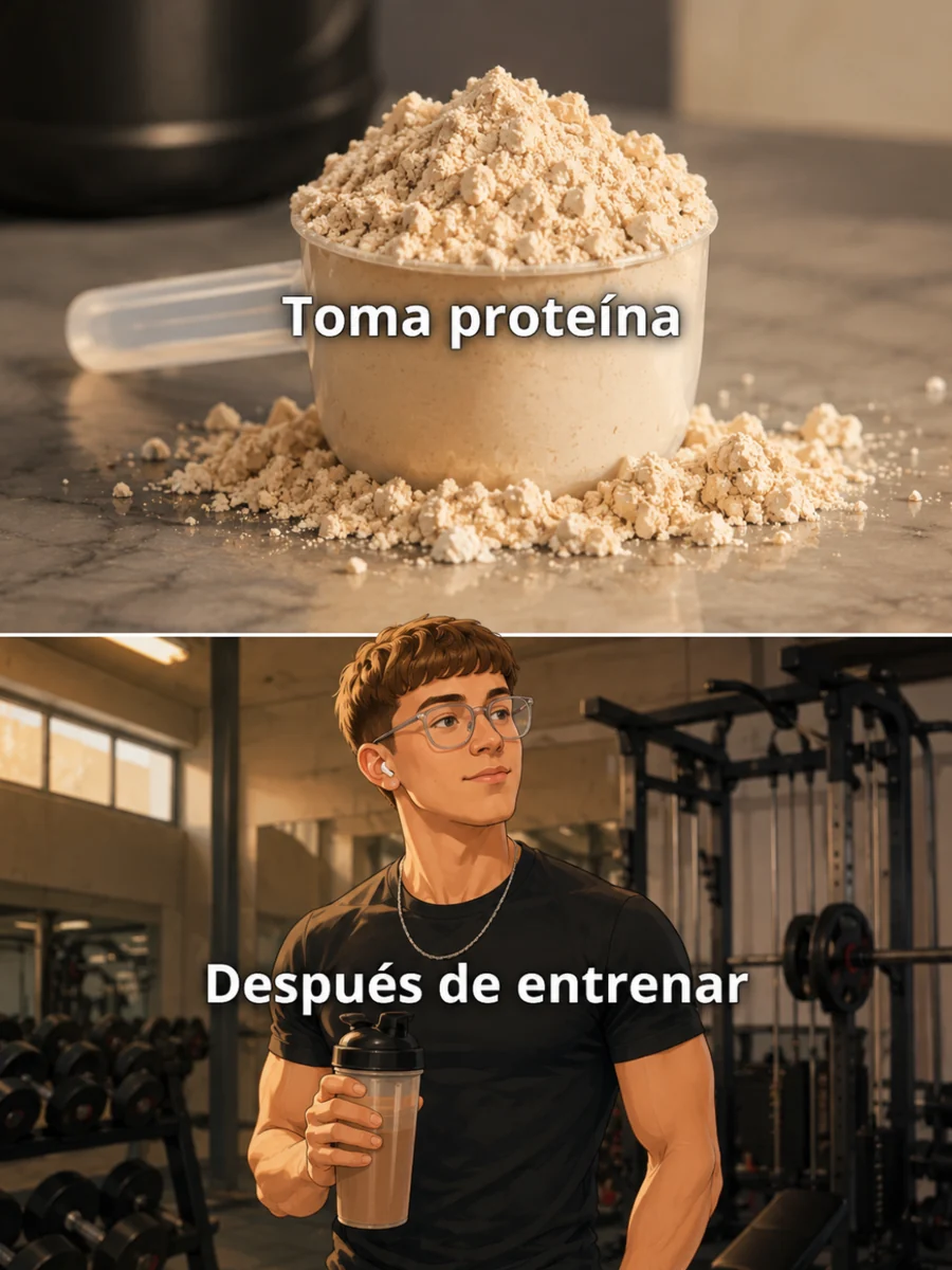 Imagen dividida en dos: un scoop de proteína en polvo arriba y un joven ilustrado con un shaker en el gimnasio abajo. Textos: Toma proteína, después de entrenar