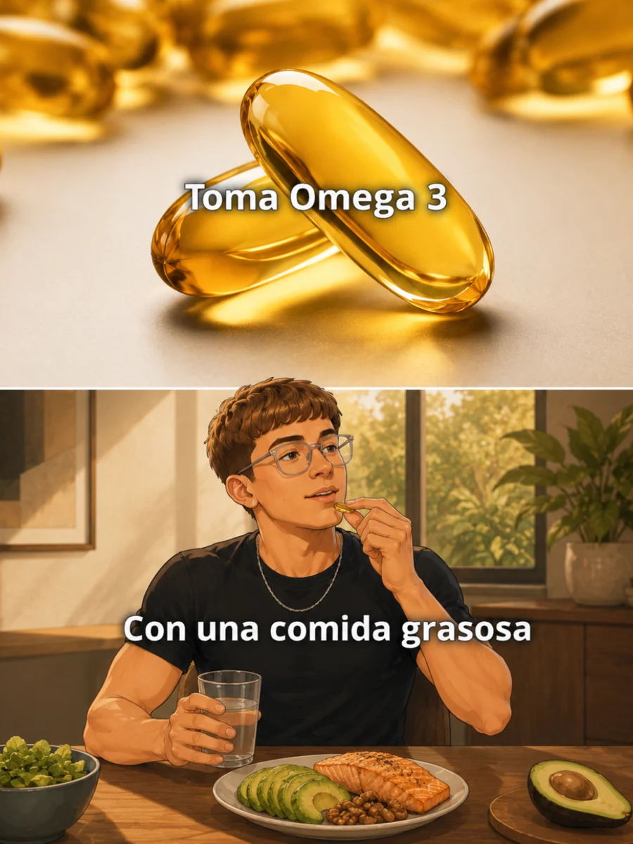 Imagen dividida en dos: cápsulas de Omega 3 arriba y un joven ilustrado comiendo salmón y palta abajo. Textos: Toma Omega 3, con una comida grasosa