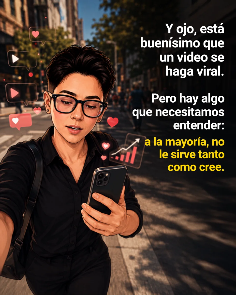 Personaje animado caminando por la calle y mirando su celular, rodeado de íconos de likes y videos. Texto: Y ojo, está buenísimo que un video se haga viral. Pero hay algo que necesitamos entender: a la mayoría, no le sirve tanto como cree