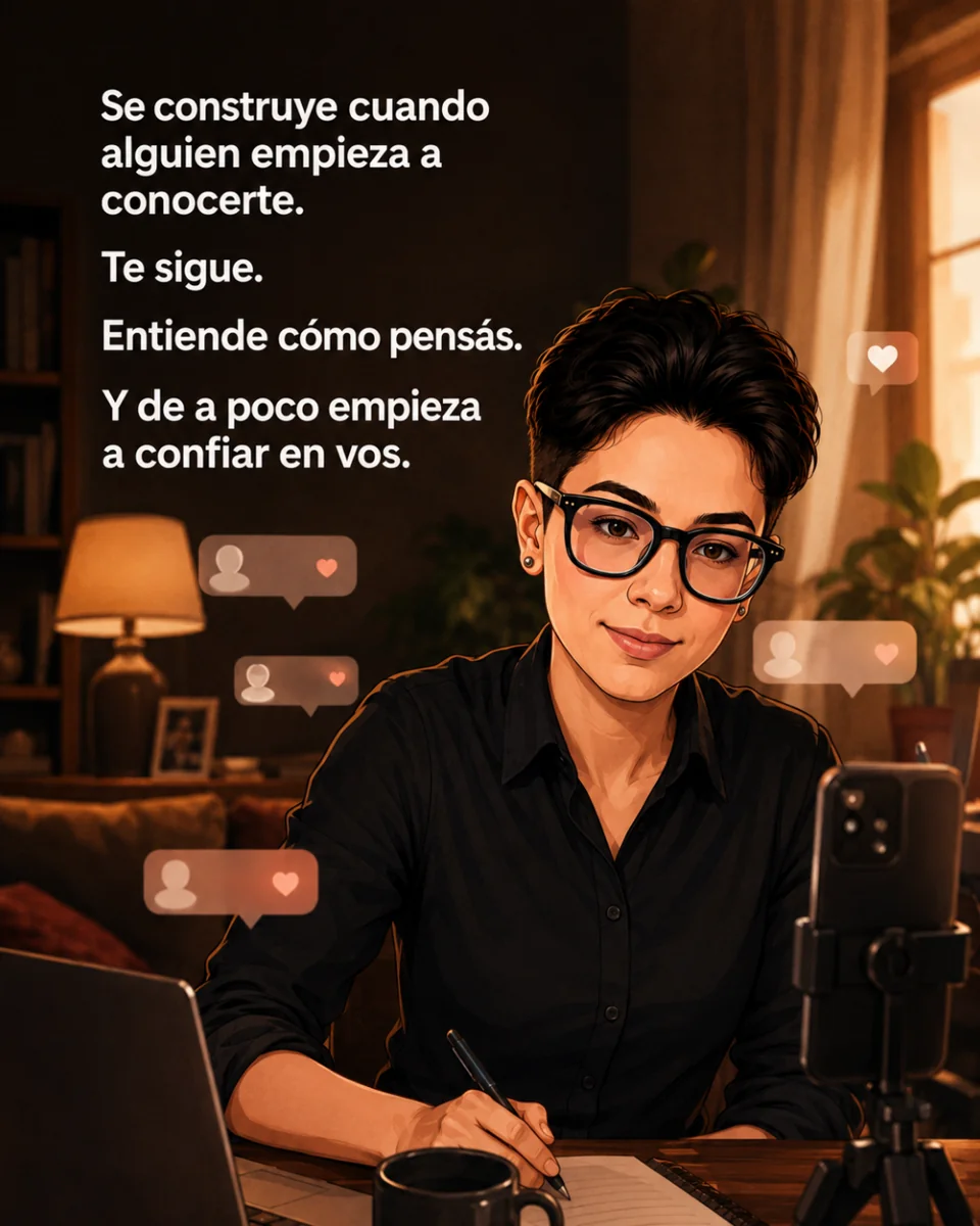Personaje animado escribiendo en un escritorio, con una laptop y un celular en un trípode. Texto: Se construye cuando alguien empieza a conocerte. Te sigue. Entiende cómo pensás. Y de a poco empieza a confiar en vos